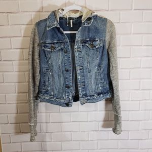 Free People distressed jean jacket knit hoodie/sleeves